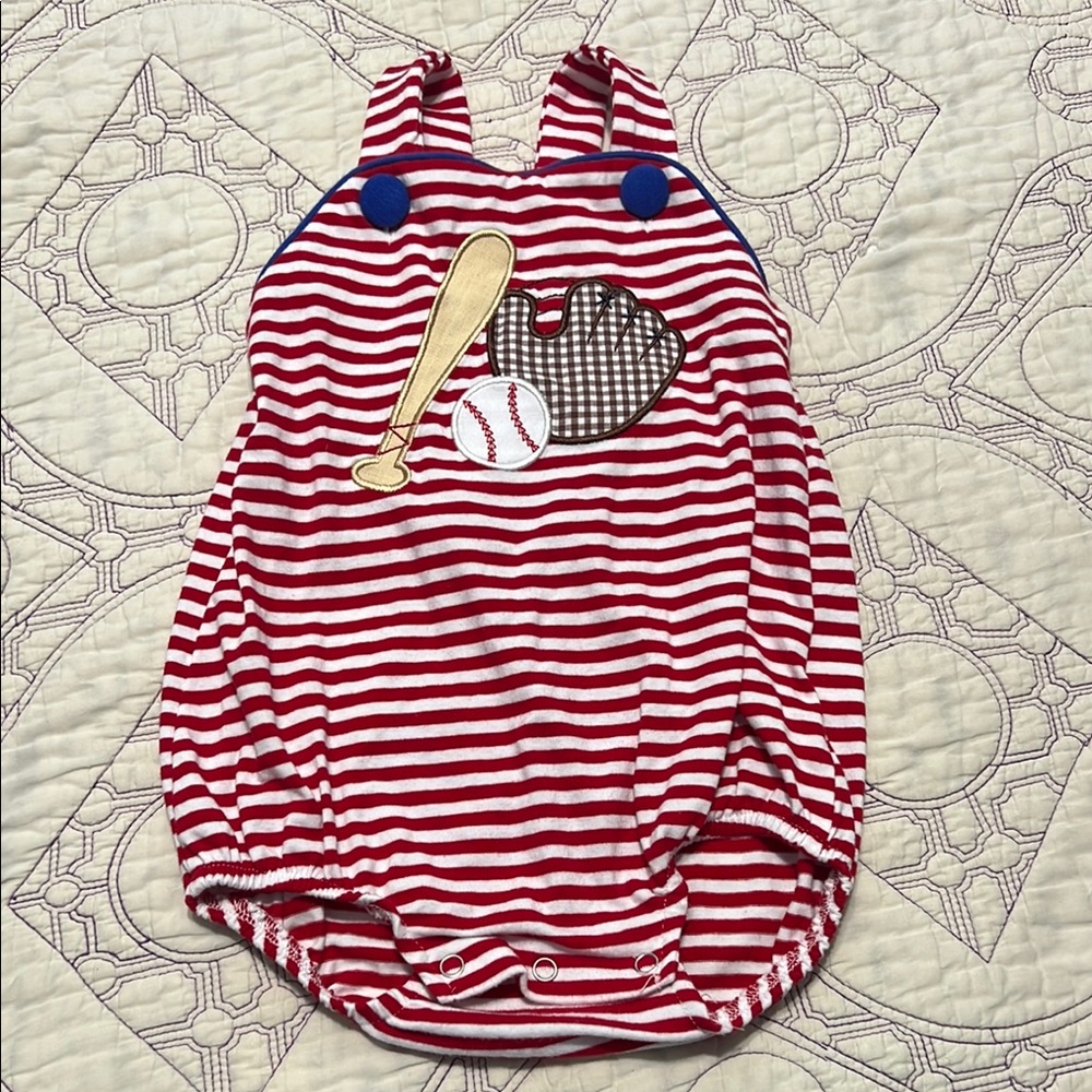 Trotter St. Kids Red and White Striped Baseball Romper 9mo